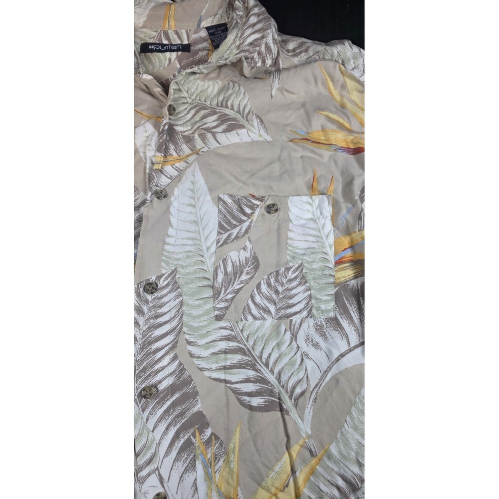 Puritan Mens Large Hawaiian Shirt Bird of Paradise Floral Tropical Rayon Tan L - Picture 3 of 11